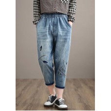 Unique Spring Trousers Casual Denim Blue Wardrobes Elastic Waist Leaf Pant