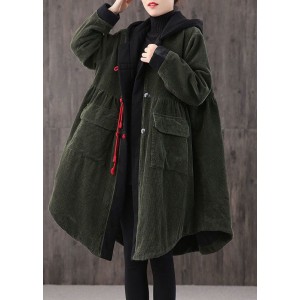 Women Tea Green hooded Button Pockets Patchwork Winter Cotton Parka Long sleeve Coat