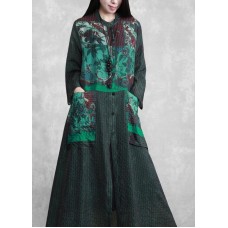 Modern Stand Collar Spring Tunics Sewing Green Print A Line Dress