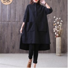 New cotton linen blouse Loose fitting Loose Irregular Stand Collar Long Sleeve Black Shirt