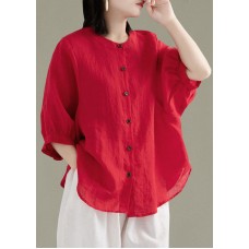 Art Red O-Neck Button Linen Loose Shirt Top Lantern Sleeve