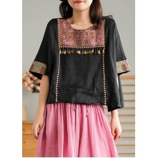 Black Vintage Embroidered Linen Women T-shirt