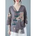 Style Grey V Neck Print Blouses Half Sleeve