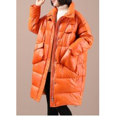 Chic Orange Loose Stand Collar Pockets Winter Duck Down Coats