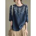 Handmade Navy lantern Sleeve Ruffled Summer Cotton Linen Shirt Tops